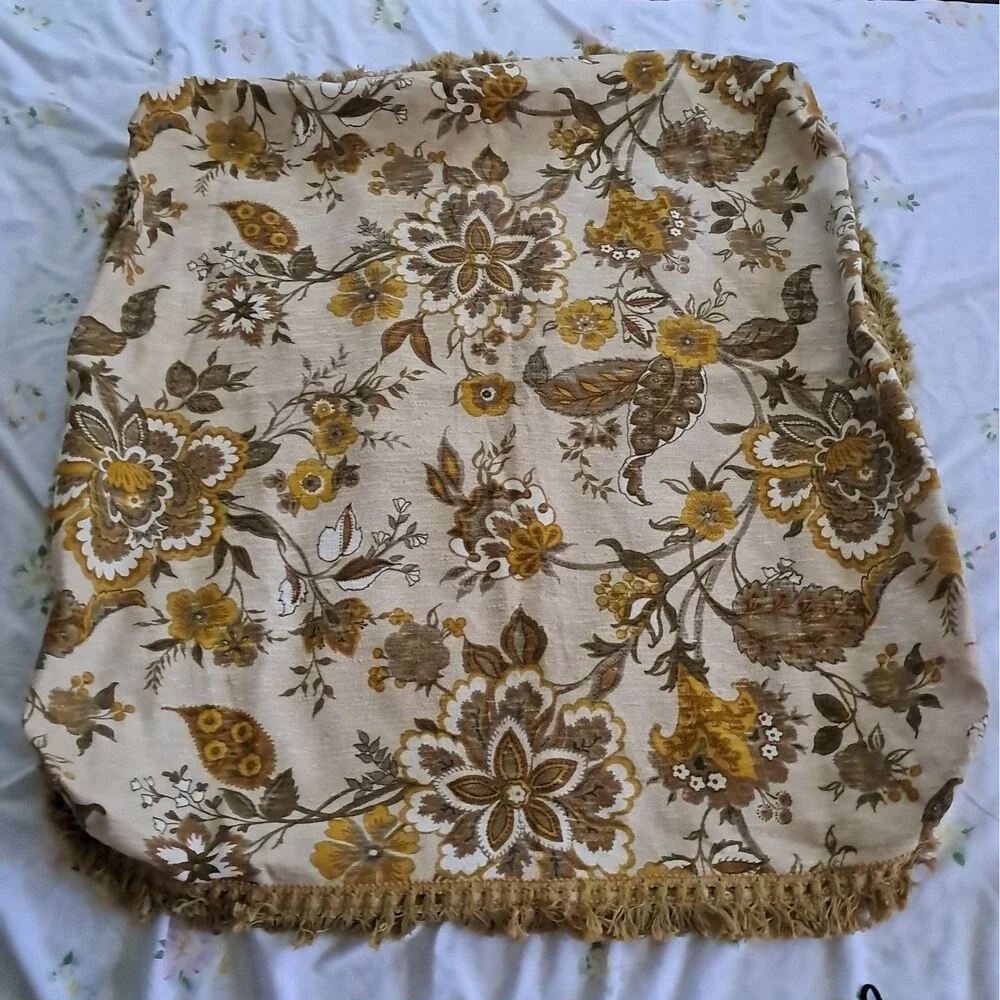 30x30 Heavy Fringed Floral Table Cover 70s Gold Green Brown Retro Vintage